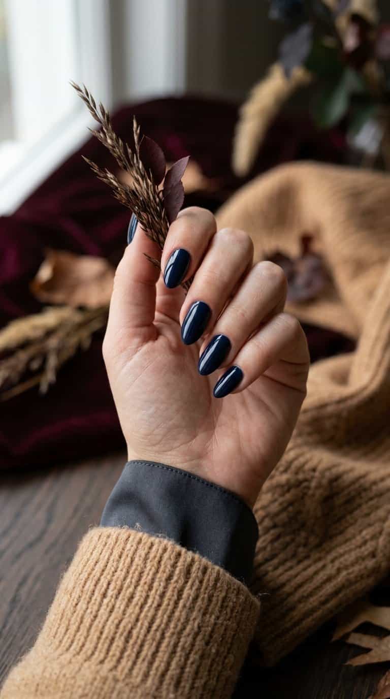 A manicured hand with glossy midnight navy blue nails rests among warm autumn-colored fabrics and leaves.