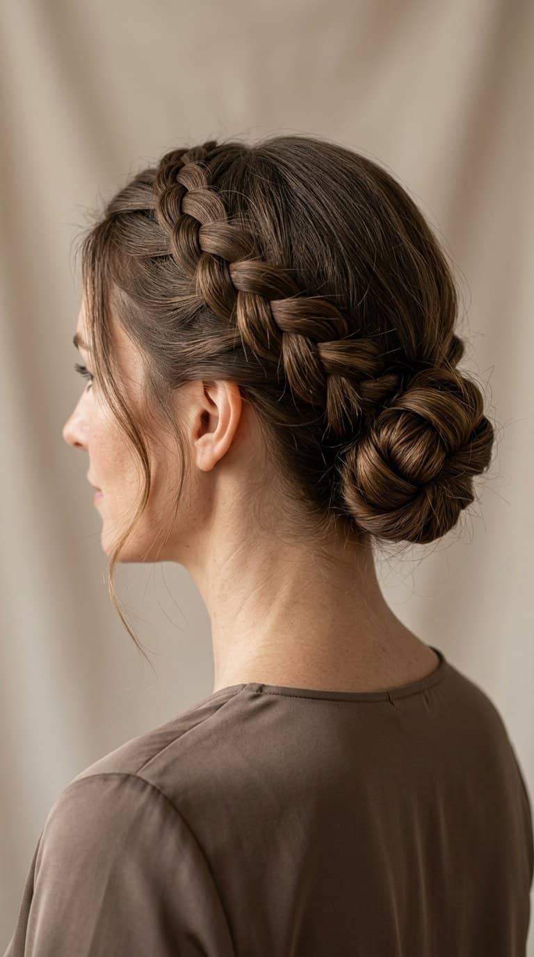 Woman wearing milkmaid braids gathered into a twisted bun.