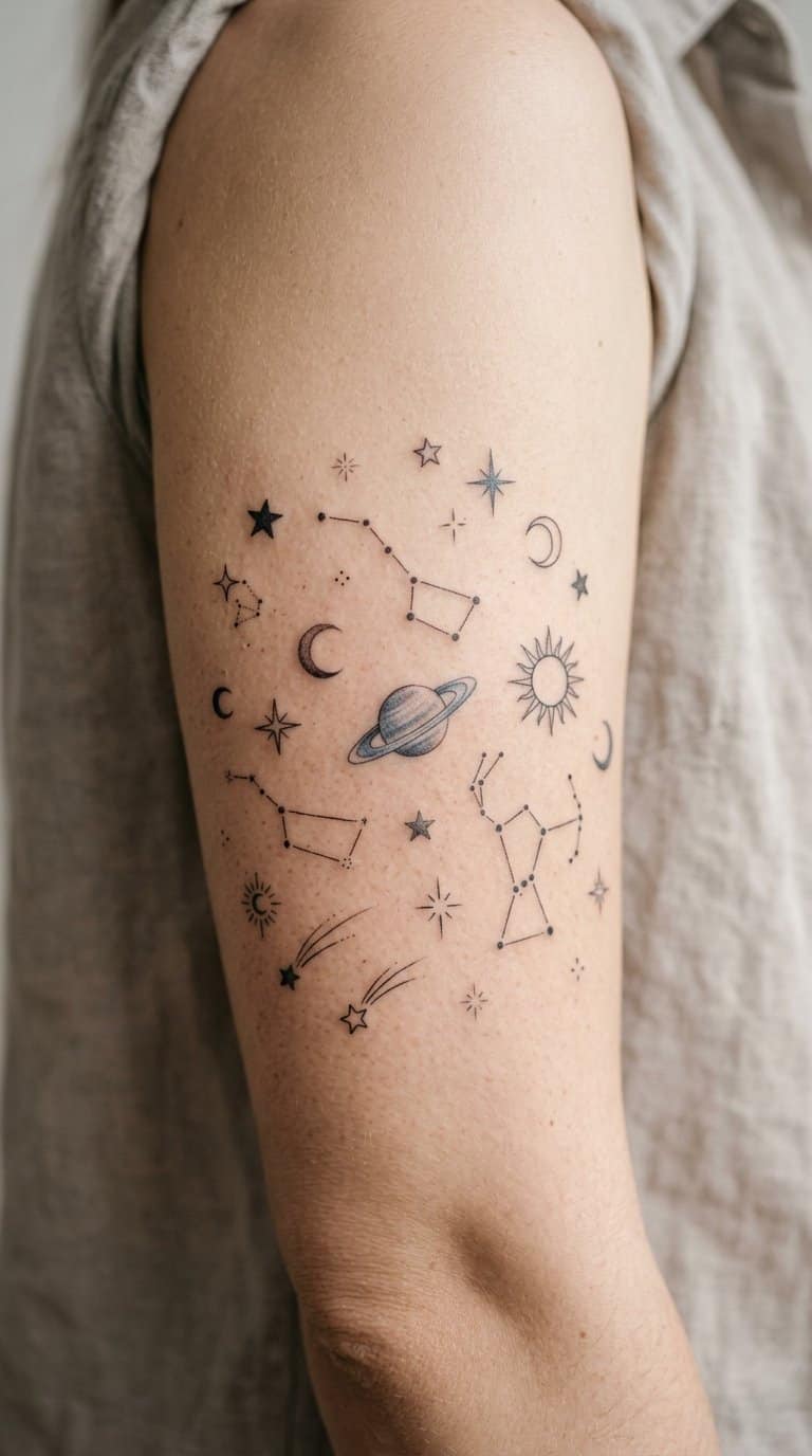 A collection of small moon, star, sun, planet, and constellation tattoos arranged together on skin.