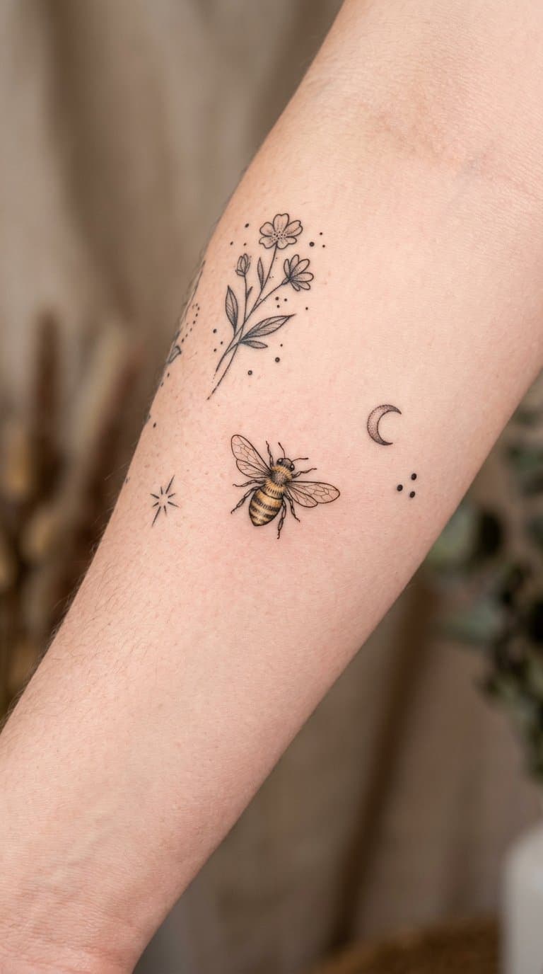 A miniature honeybee tattoo surrounded by several small patchwork tattoos on human skin.