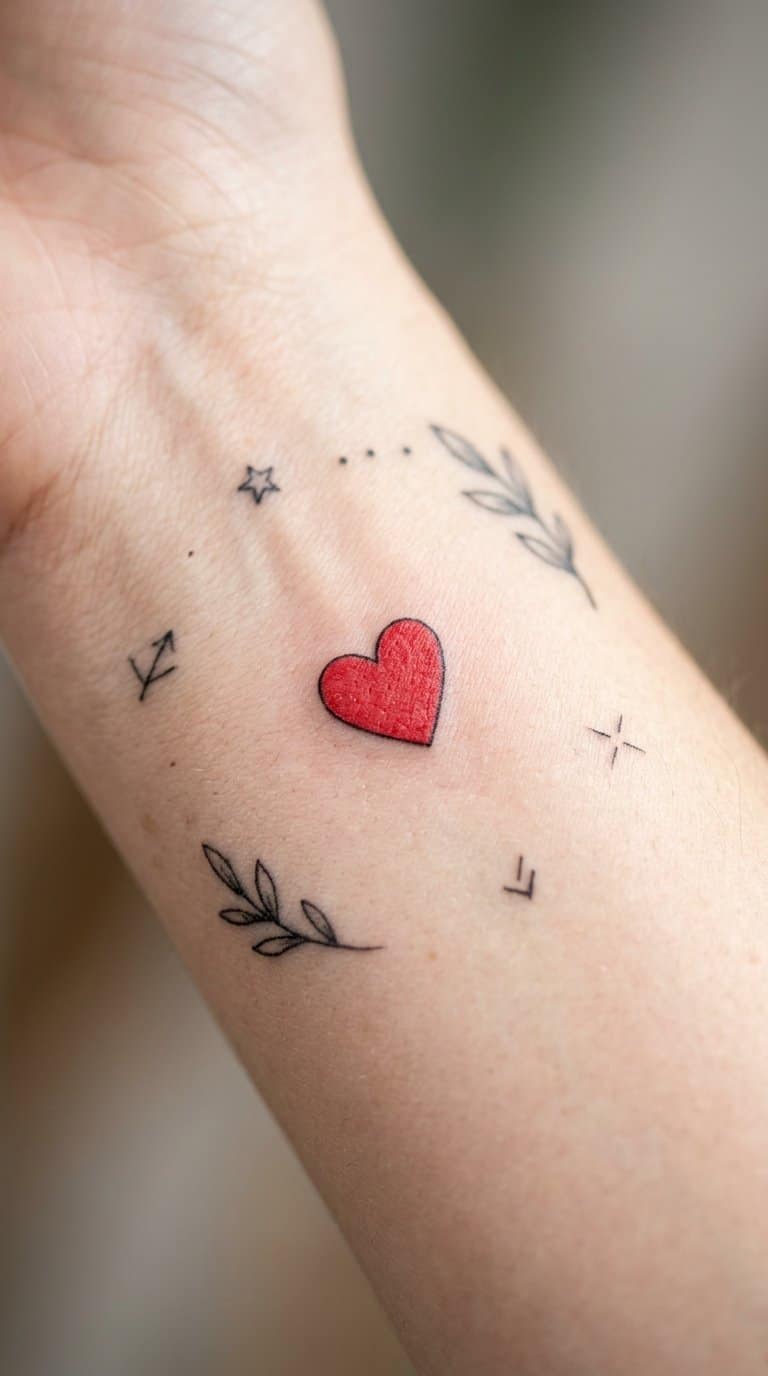 A small red heart tattoo surrounded by several tiny tattoos on human skin.