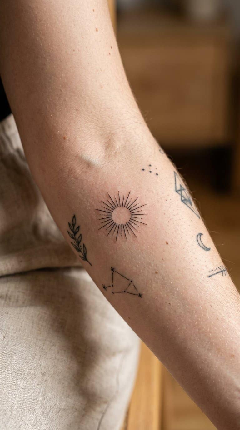 Close-up of a forearm with a small sunburst tattoo among several minimalist tattoos.
