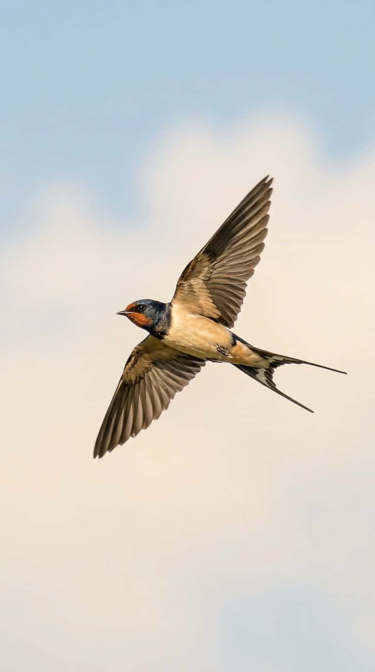 A small swallow flying through the open sky with its wings spread.