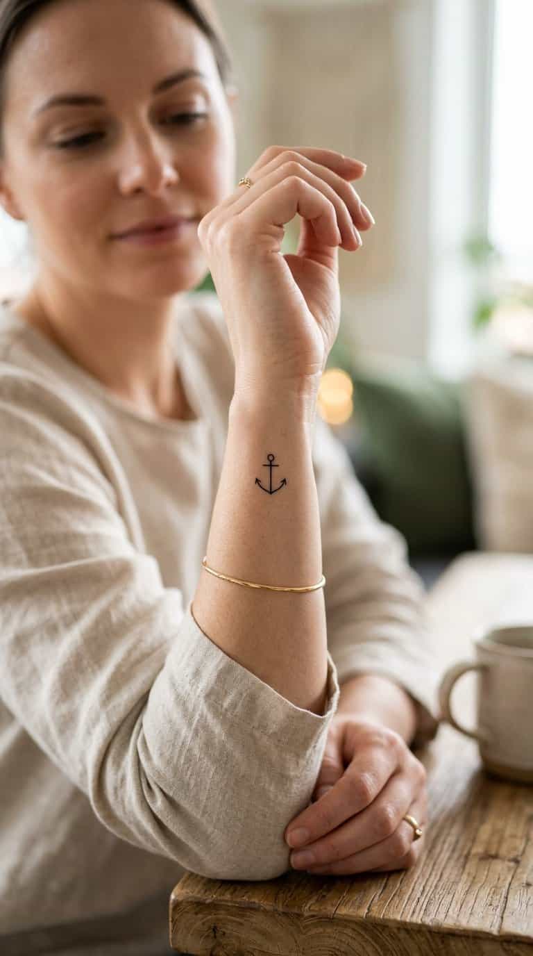 Close-up of a woman’s forearm showing a small minimalist anchor tattoo.