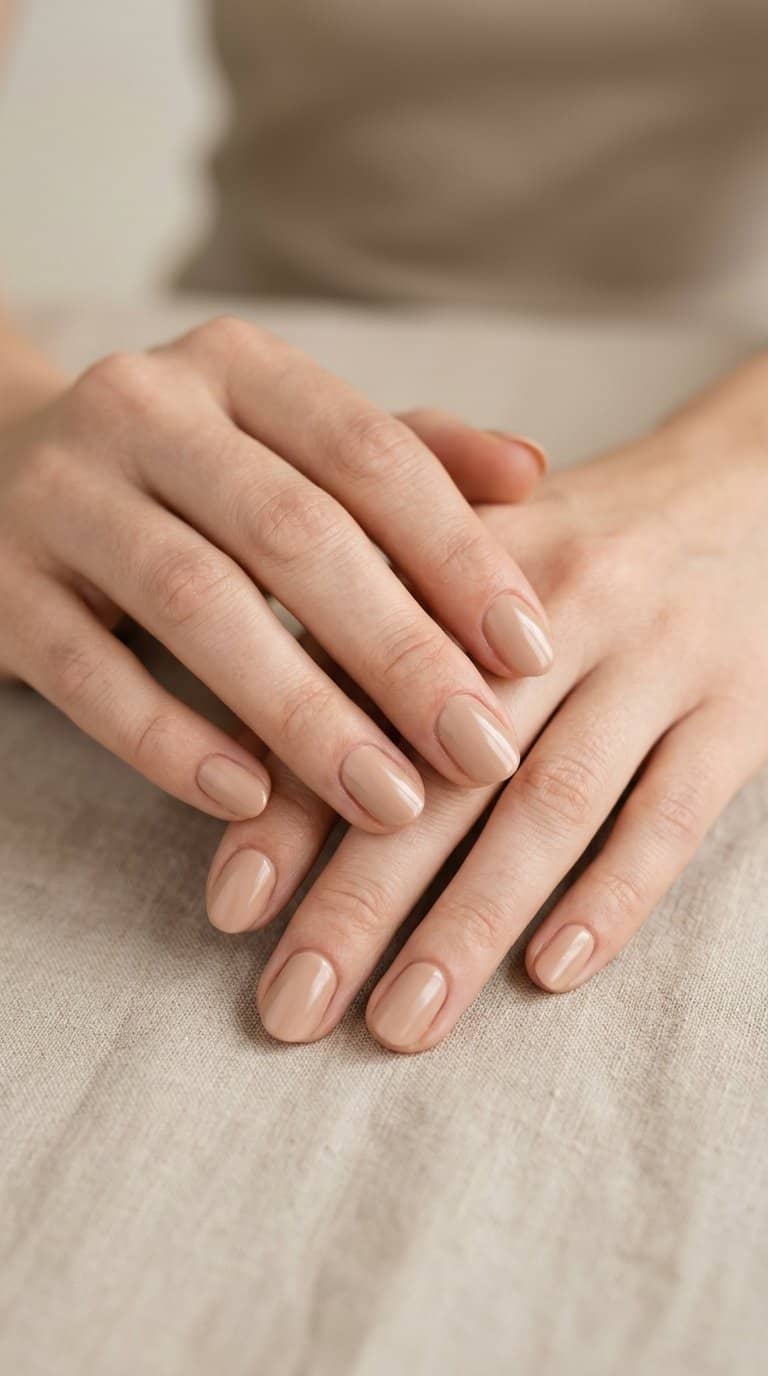 A hand with neatly shaped beige nails resting on a neutral surface.