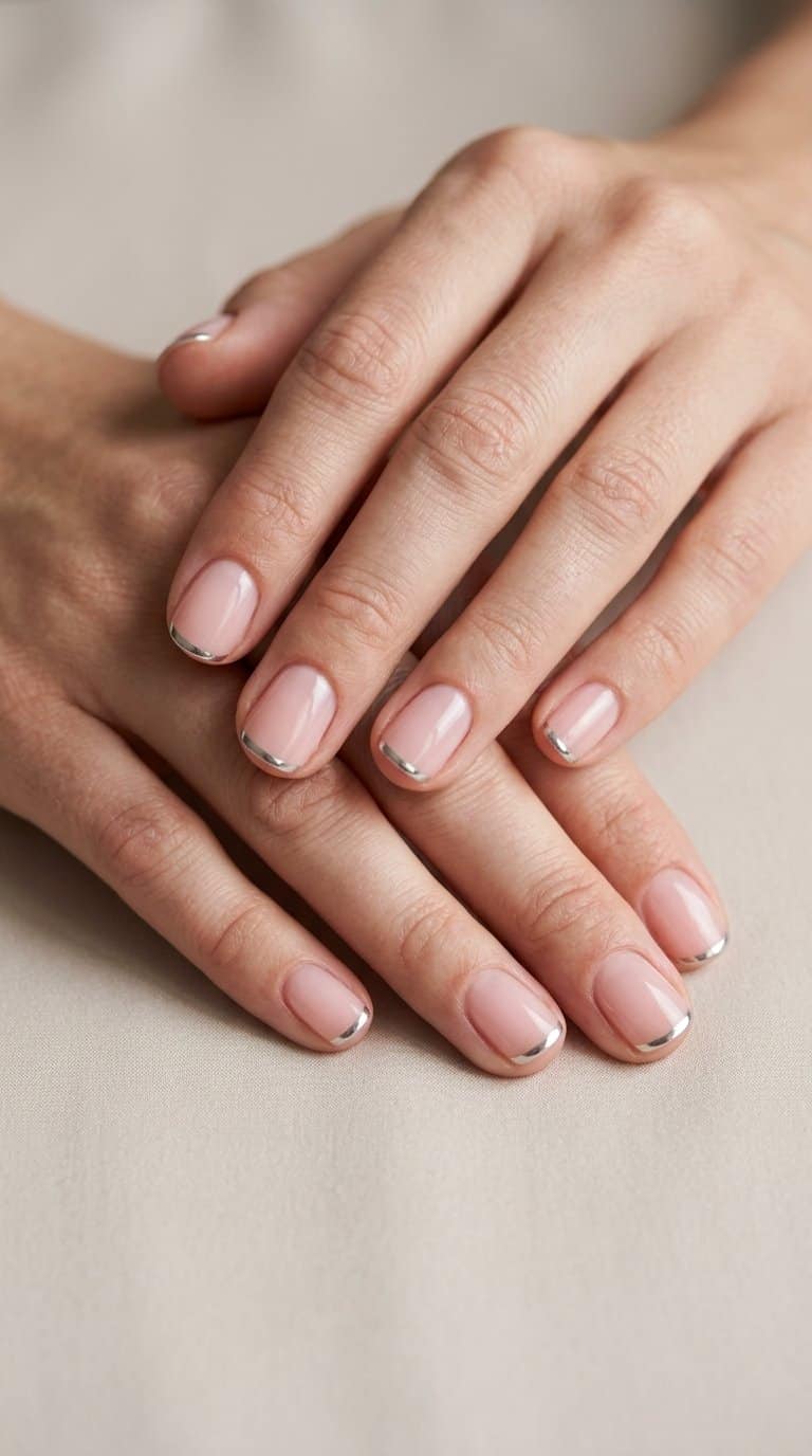 A hand with sheer pink nails accented by thin chrome lines along the tips.
