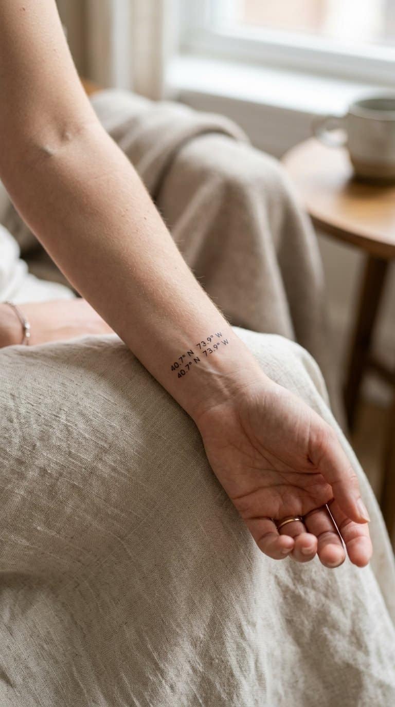 A woman’s forearm resting on a light surface with a small minimalist coordinates tattoo.
