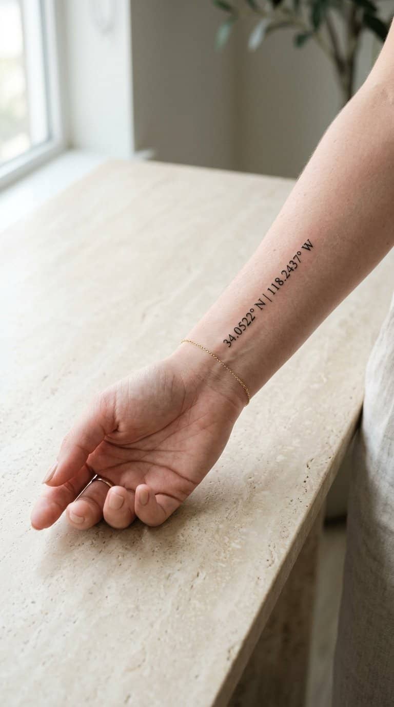 Close-up of a wrist with a small minimalist coordinate tattoo resting on a pale surface.