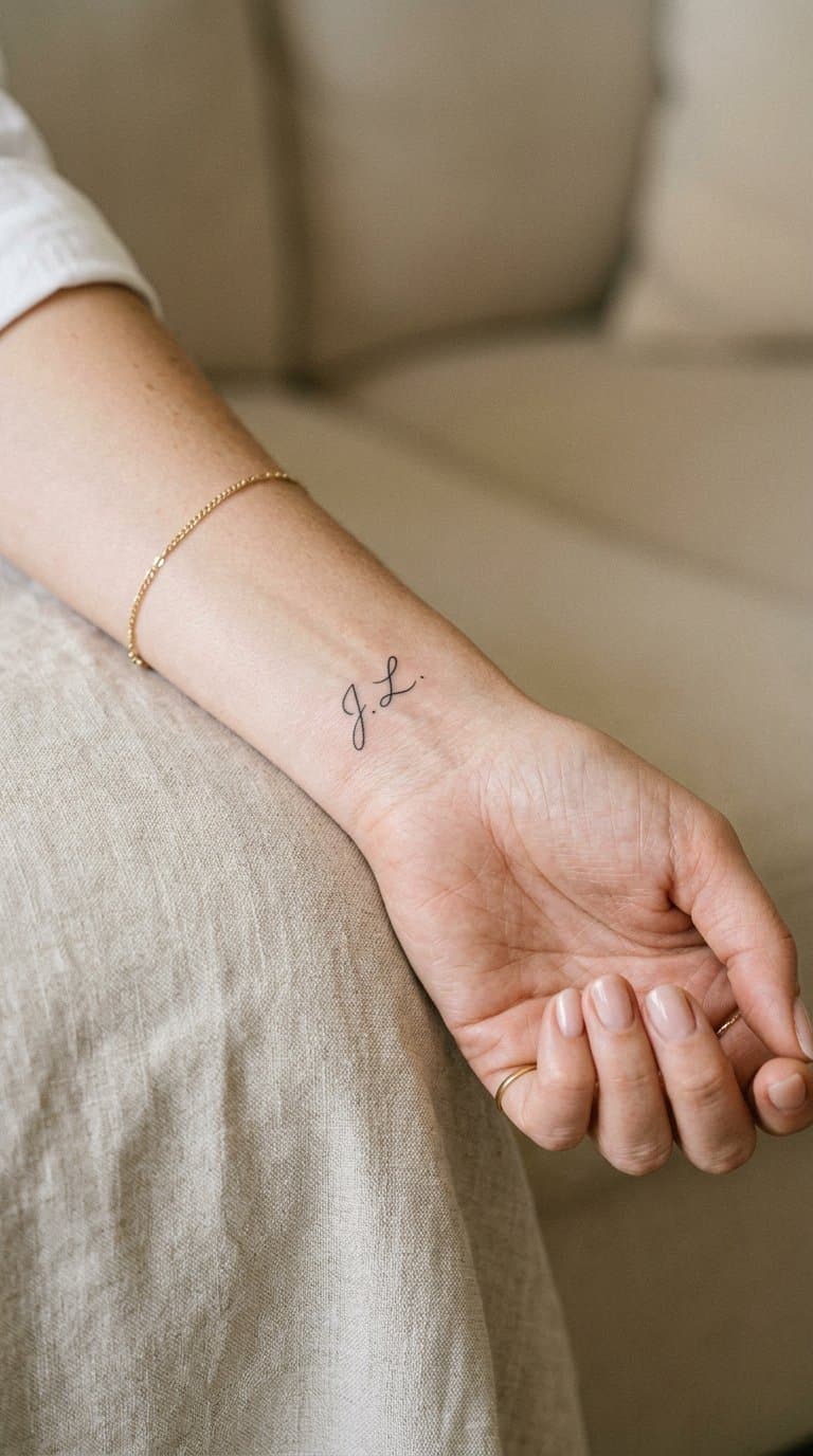 A woman’s wrist showing a small minimalist initials tattoo.