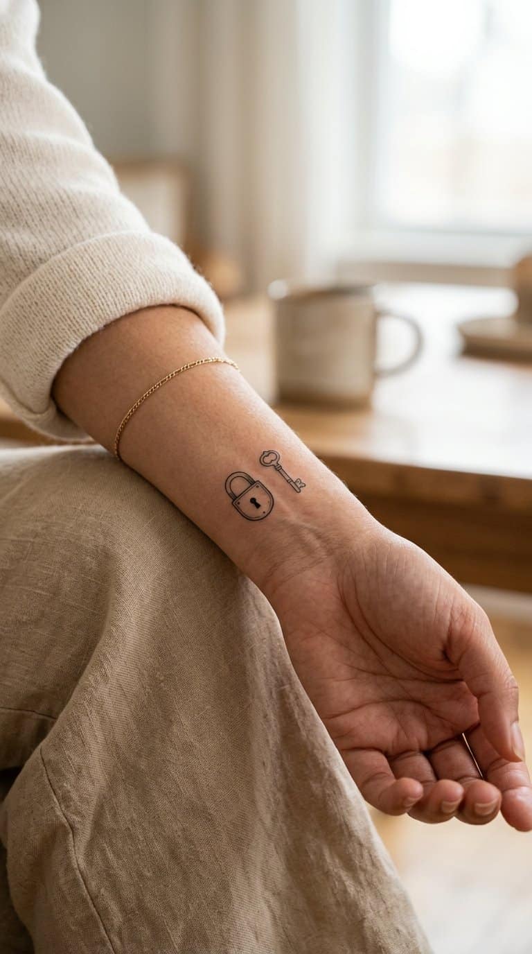 A woman’s wrist showing a small lock and key tattoo.