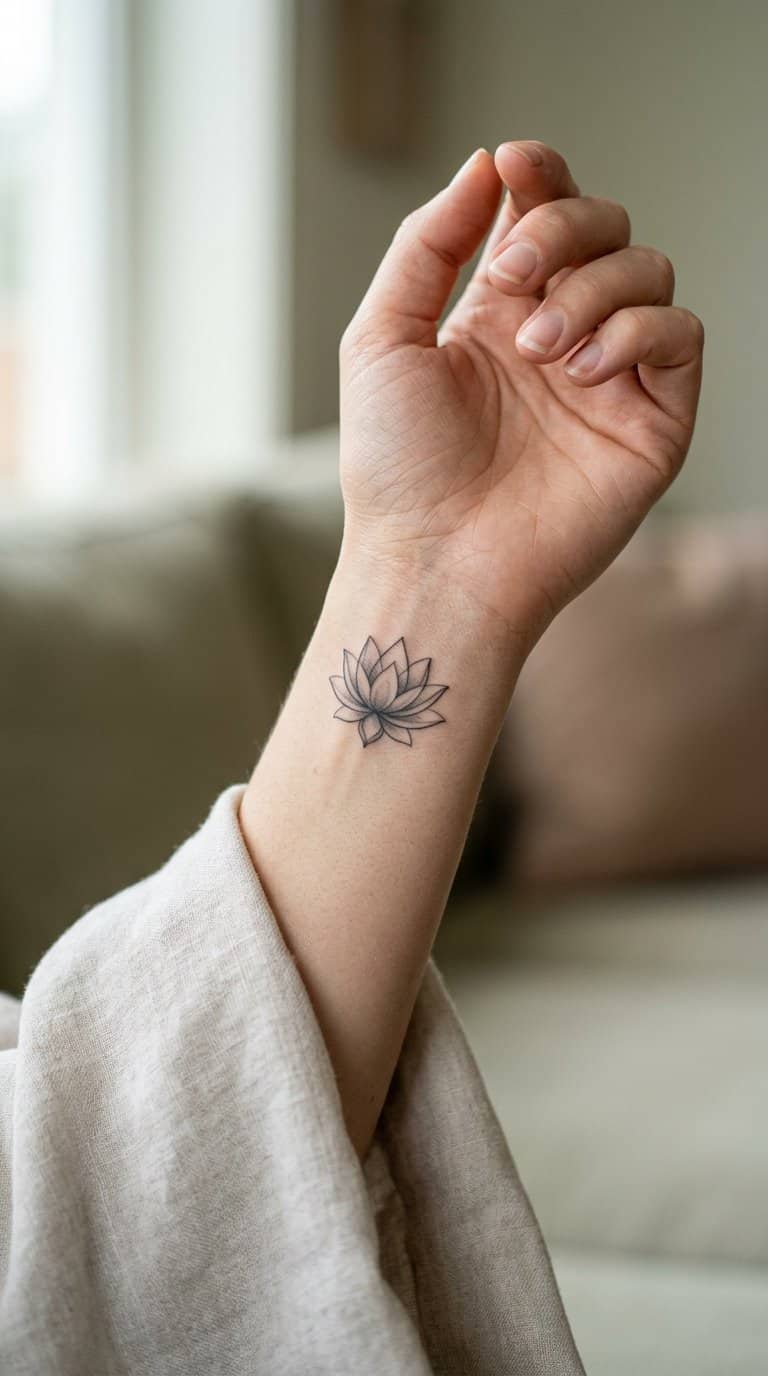 A woman’s wrist with a small lotus flower tattoo.