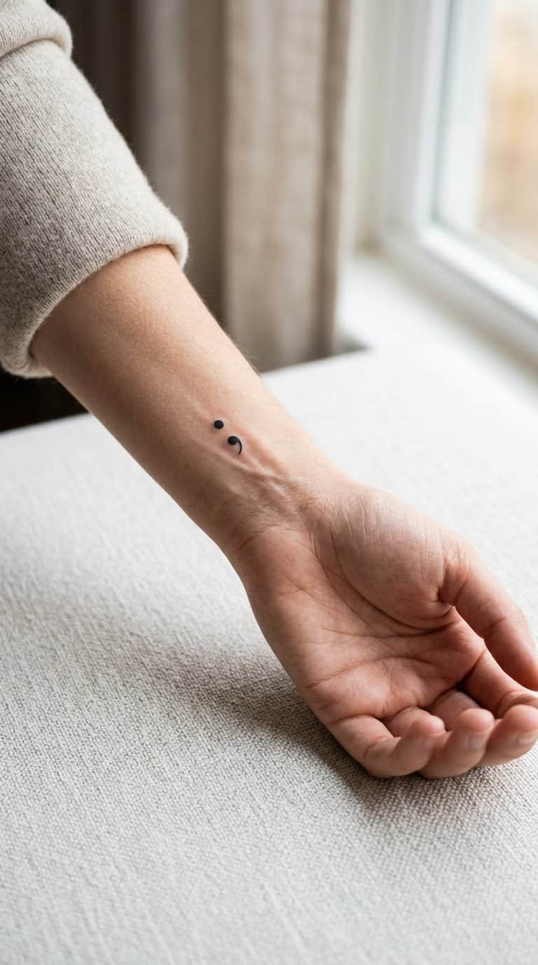 A close-up of a wrist with a small semicolon tattoo resting on a light surface.