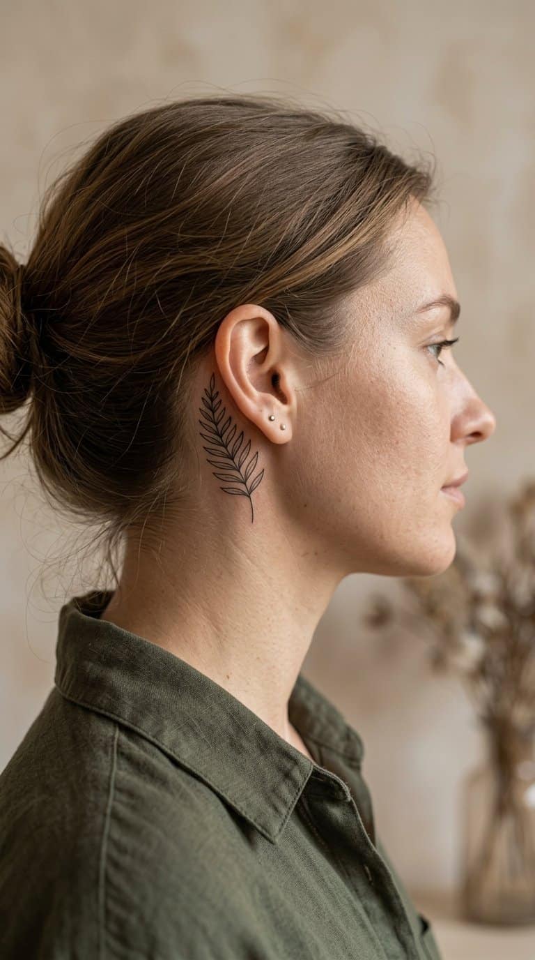 A small fern leaf tattoo behind a person's ear.