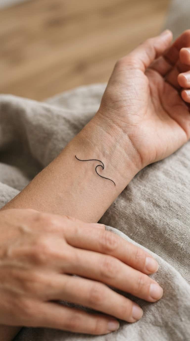 A close-up of a wrist with a small wave tattoo.