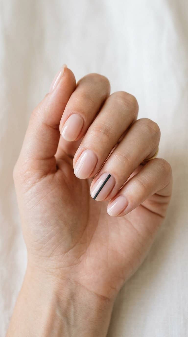 A manicured hand with neutral nails and one thin vertical stripe on a single accent nail.