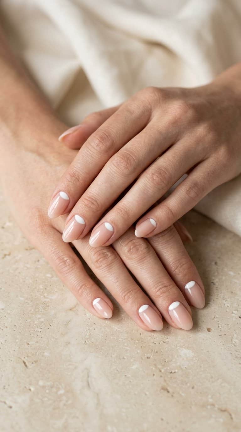 A hand with glossy nude nails featuring white half-moon designs near the cuticles.