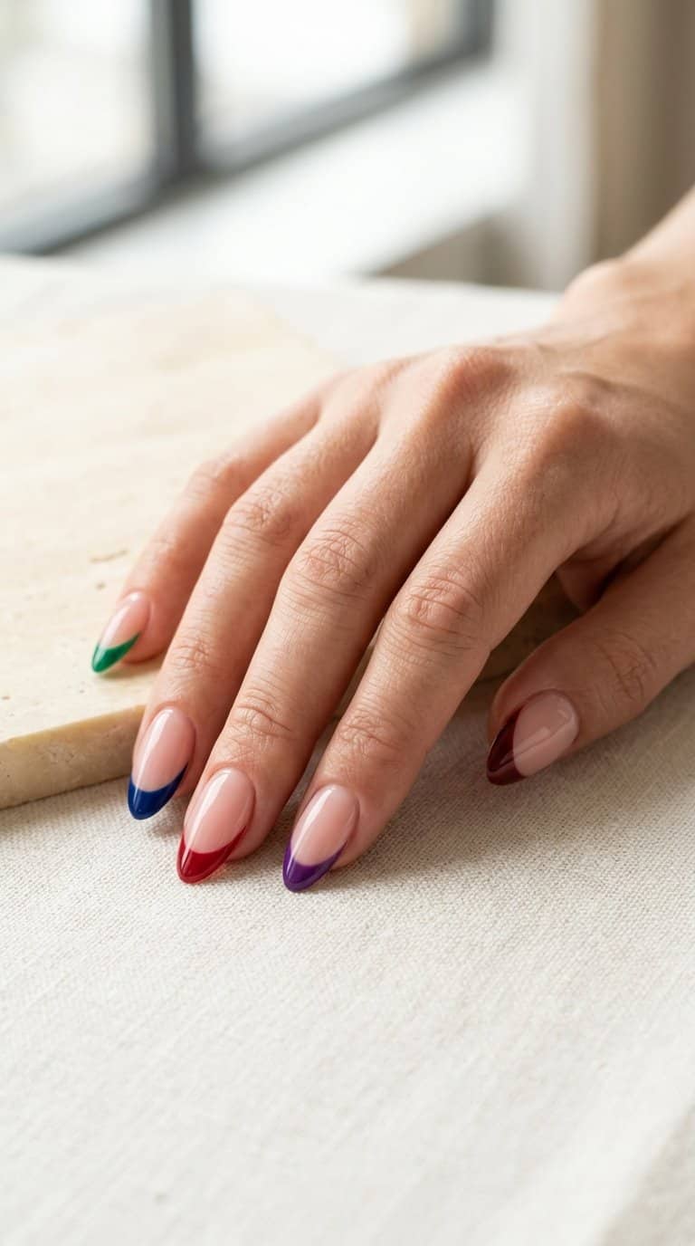 A hand with mismatched jewel-tone French tip nails resting on a light neutral surface.