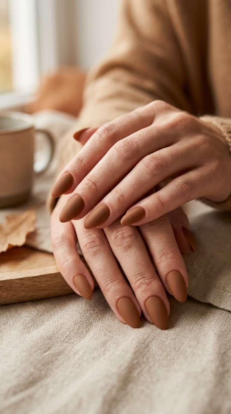 Close-up of hands with mocha-brown matte manicured nails resting on a warm neutral surface.