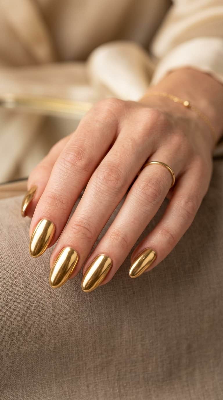 A manicured hand with reflective molten gold nails against a warm neutral background.