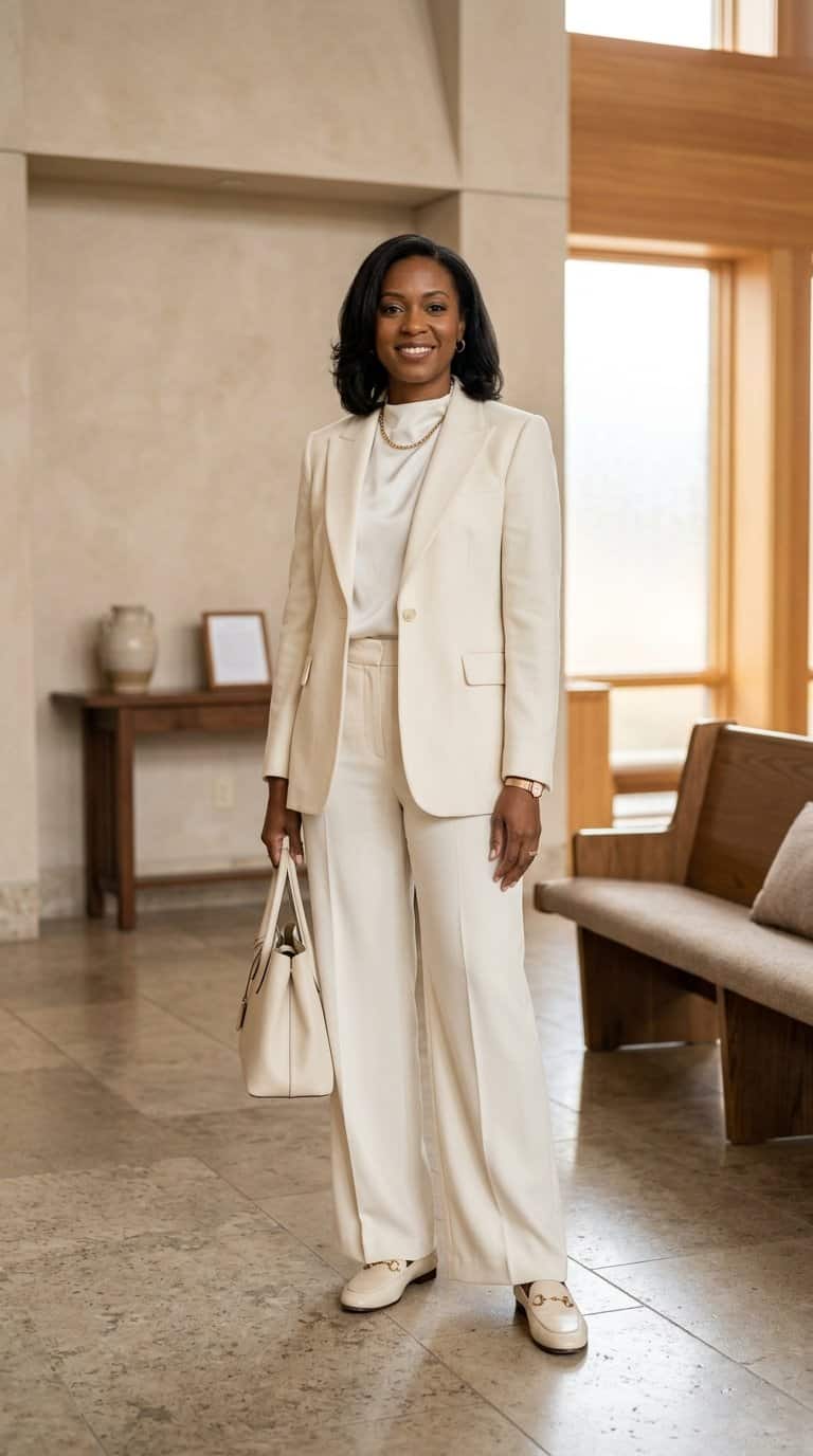 A woman in a cream suit and matching loafers stands in a bright neutral interior.