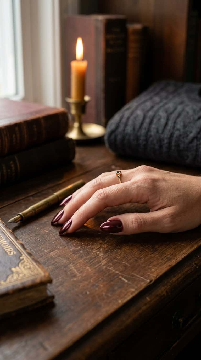 A hand with glossy burgundy chrome almond-shaped nails rests on a dark wooden desk beside books and a folded sweater.
