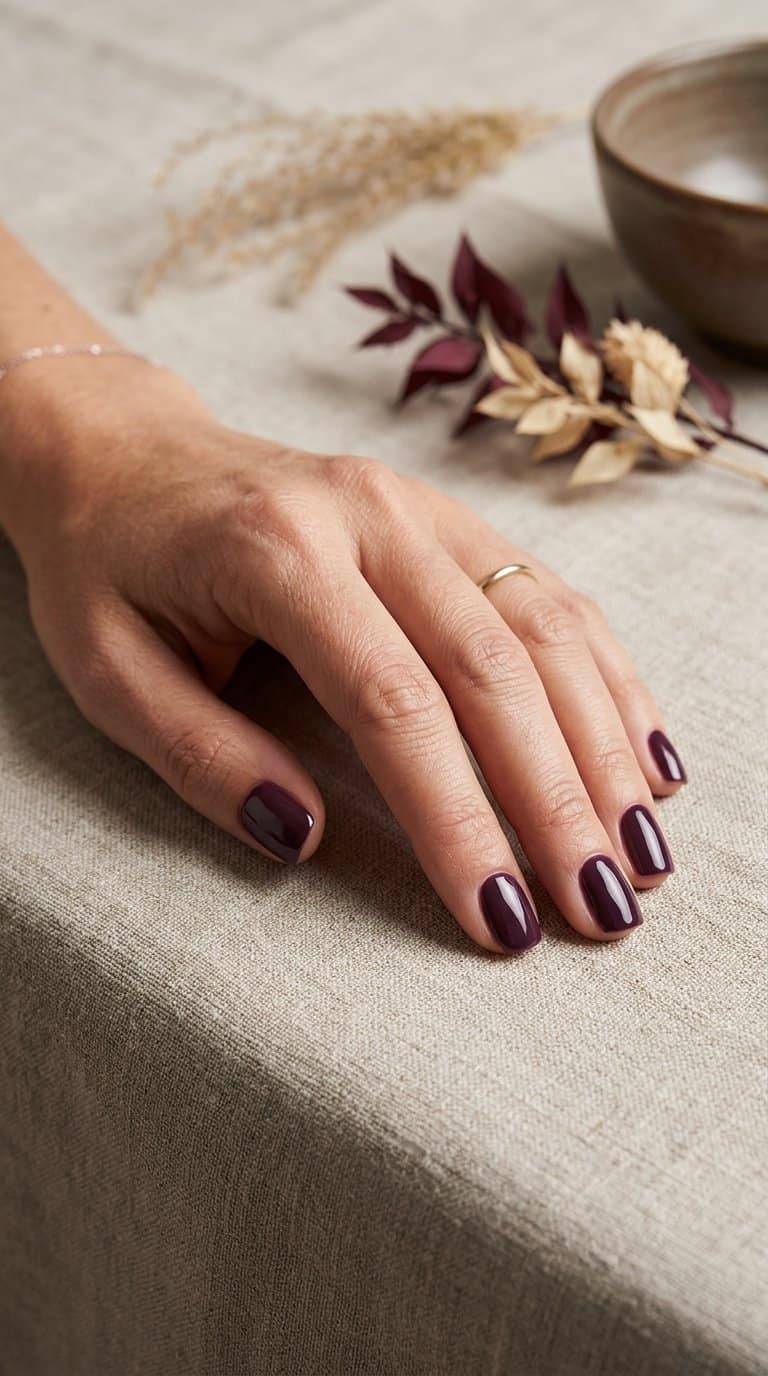 A hand with short fingernails painted a deep plum color rests on a neutral surface.