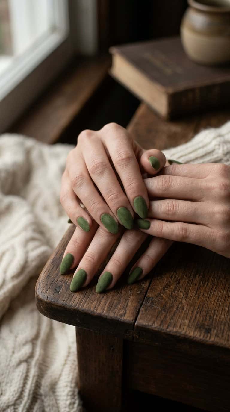 Close-up of hands with moss green suede-finish almond-shaped nails resting on a brown surface beside a cream sweater.