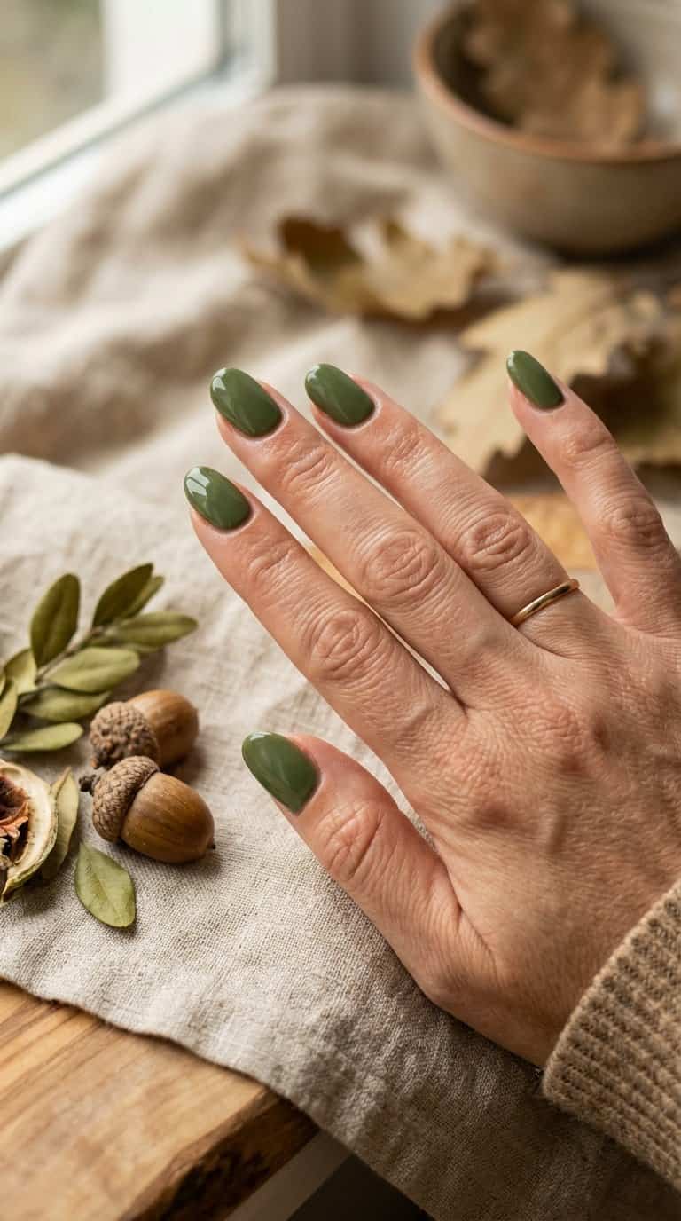 A hand with neatly manicured moss green nails rests beside autumn leaves and acorns.