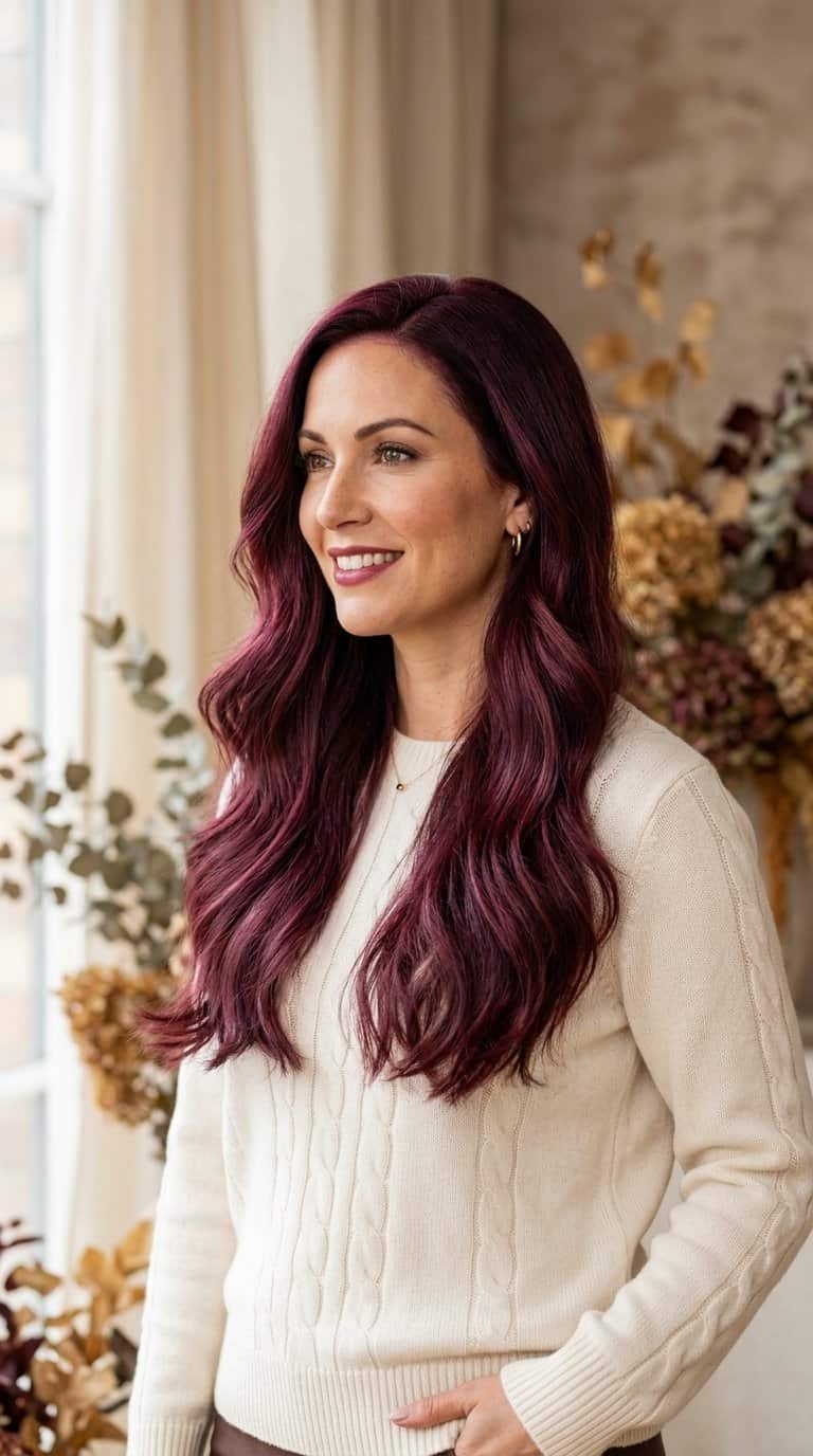 Woman with long, softly waved mulled-wine burgundy hair in a warm autumn setting.