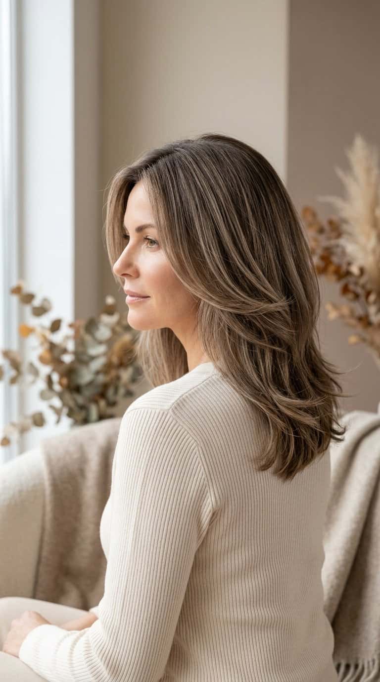 Woman with shoulder-length mushroom brown hair accented by soft beige highlights.