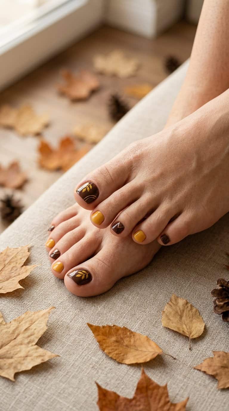 Close-up of feet with mustard yellow and brown autumn-inspired toenail designs resting among scattered fall leaves.