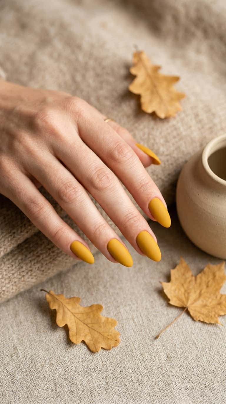 A hand with mustard yellow matte nails rests on a warm neutral surface beside autumn leaves and soft fabric.