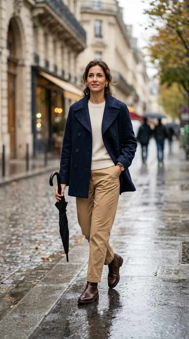 A person wearing a navy peacoat, tan chinos, and brown boots walks along a rainy city street.