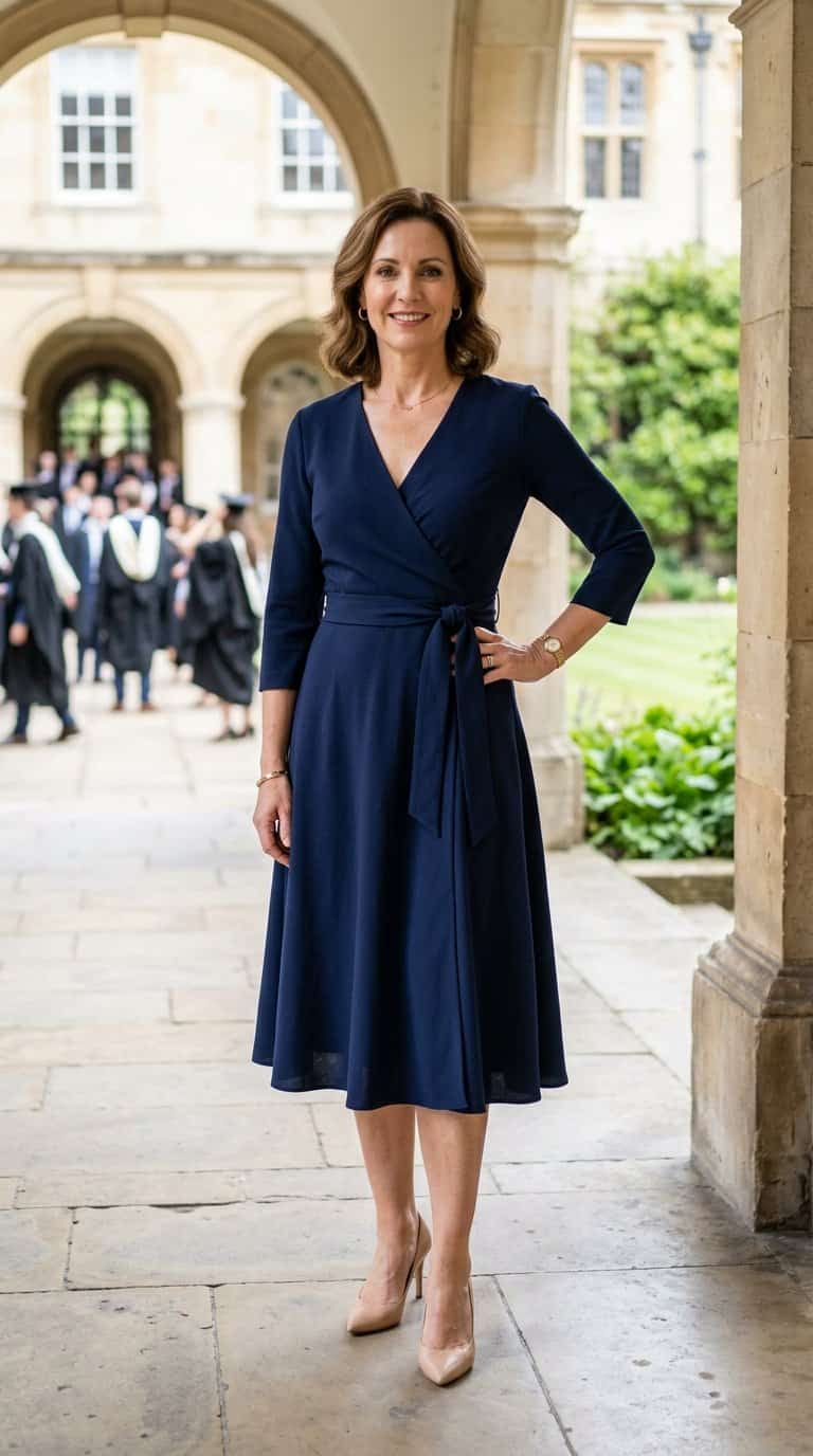 A woman in a navy wrap dress and pointed-toe pumps standing in a bright university setting.