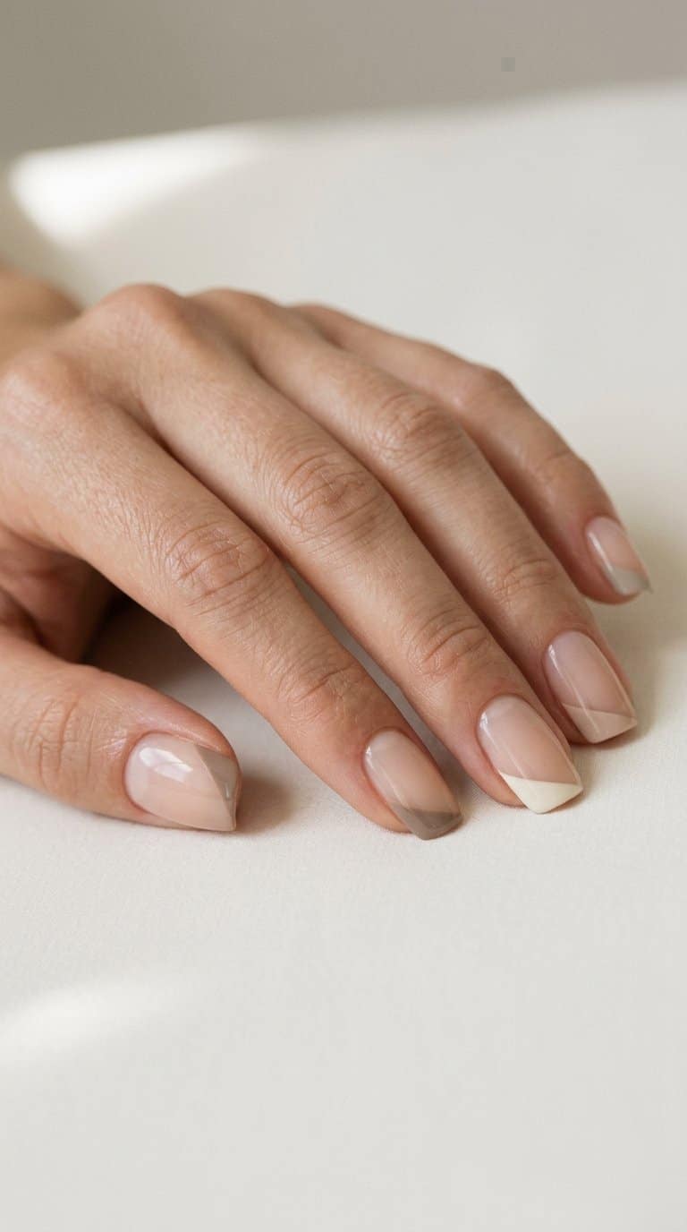 A close-up of a hand with sheer nude nails featuring slim diagonal tips.