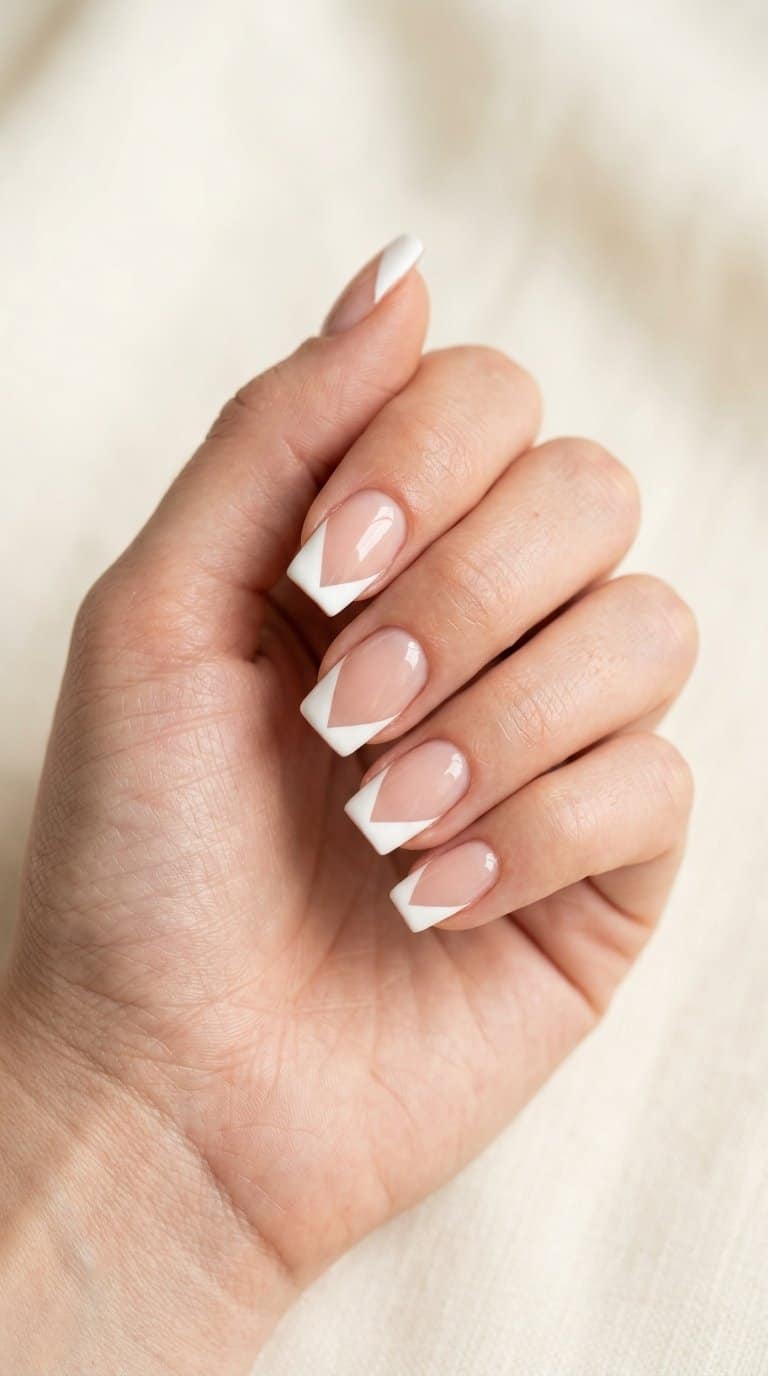 A hand displaying nude nails with white geometric French tips.