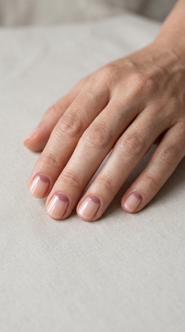 A hand with a minimalist half-moon manicure resting on a pale surface.