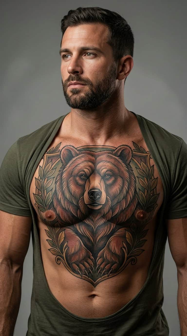 A man displays a large bear tattoo across his chest.