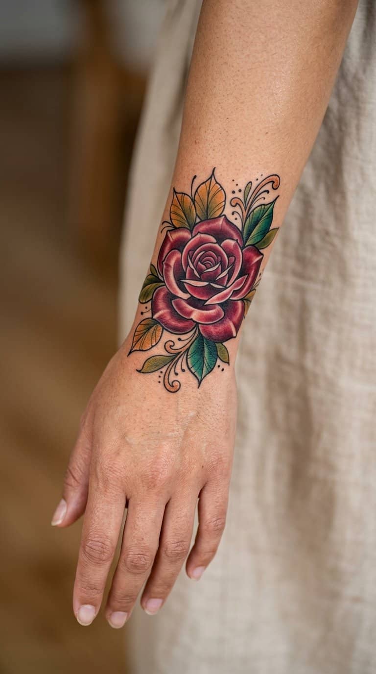 A close-up of a wrist with a red rose tattoo.