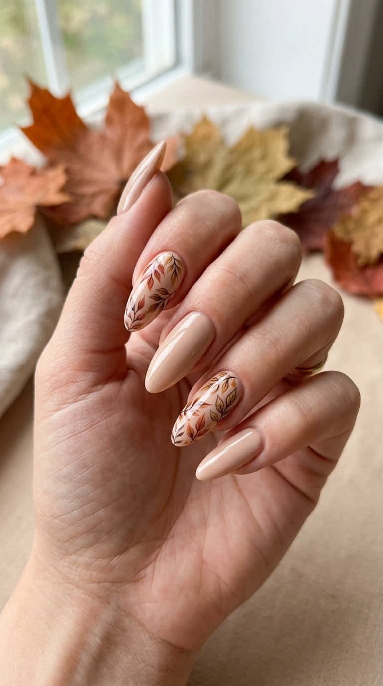 A hand with nude almond-shaped nails decorated with delicate autumn-colored leaf designs.