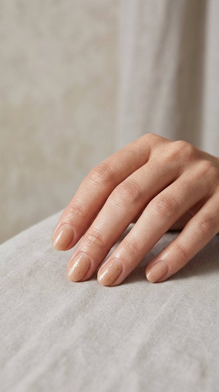 A well-groomed hand with nude nails decorated with small gold foil flecks.