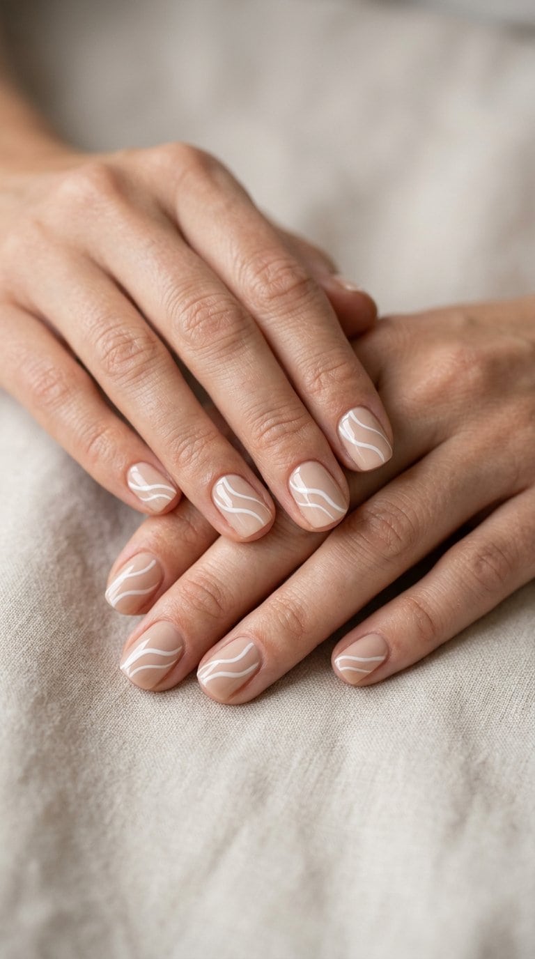 A close-up of short nude-colored nails decorated with delicate white wavy lines.