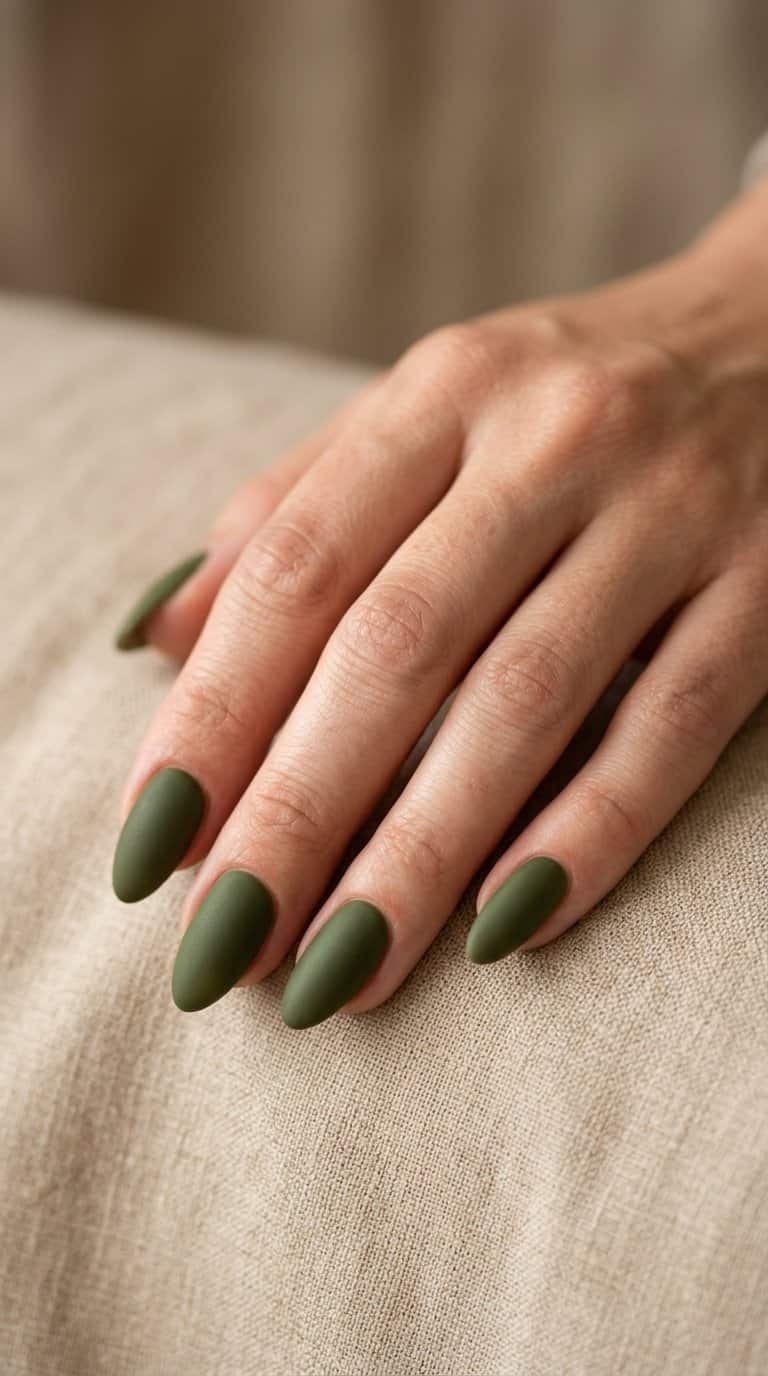 A hand with olive green almond-shaped matte nails resting on a beige surface.