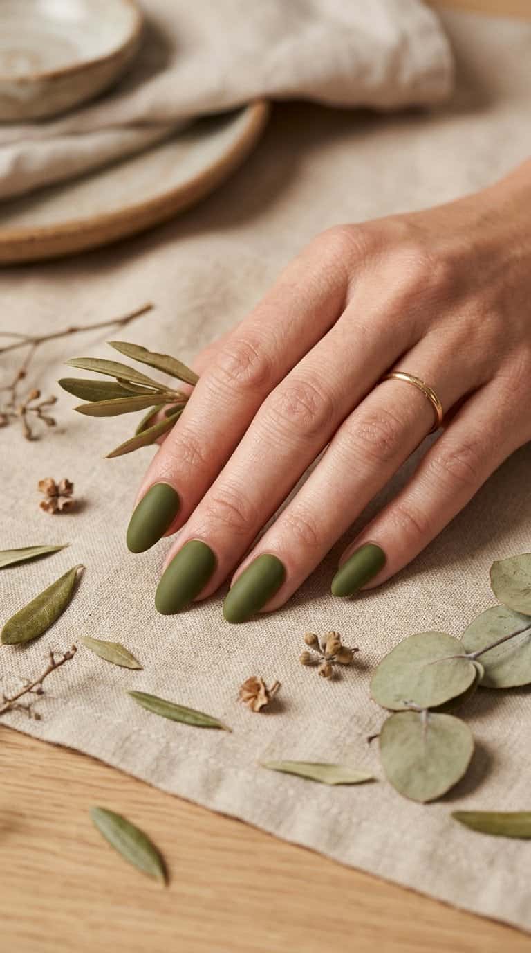 A hand with olive green matte nails resting beside dried leaves on a neutral surface.