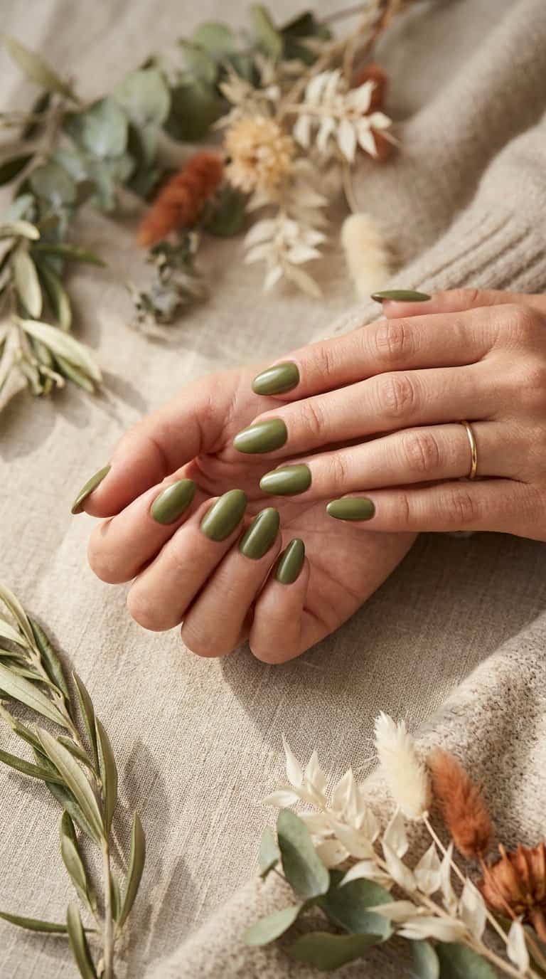 Hands with olive green manicured nails resting beside autumn leaves.