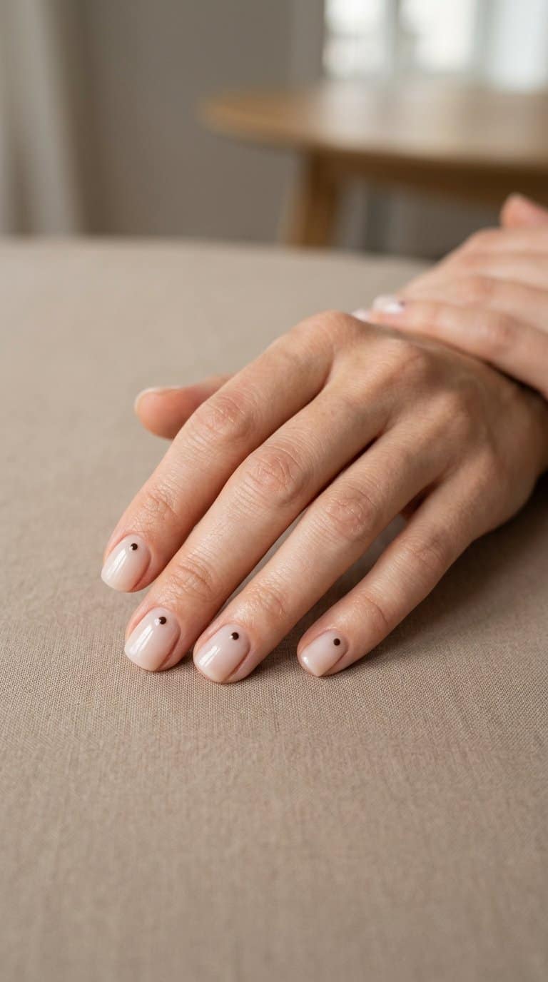 A pair of hands with short nude nails, each marked by one tiny dot near the cuticle.