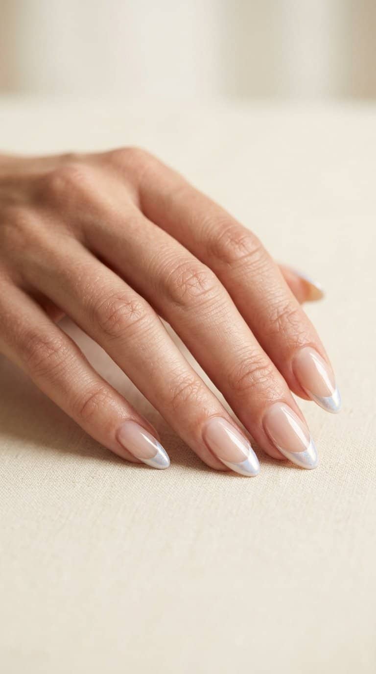 A hand with almond-shaped nails featuring shimmering iridescent French tips.