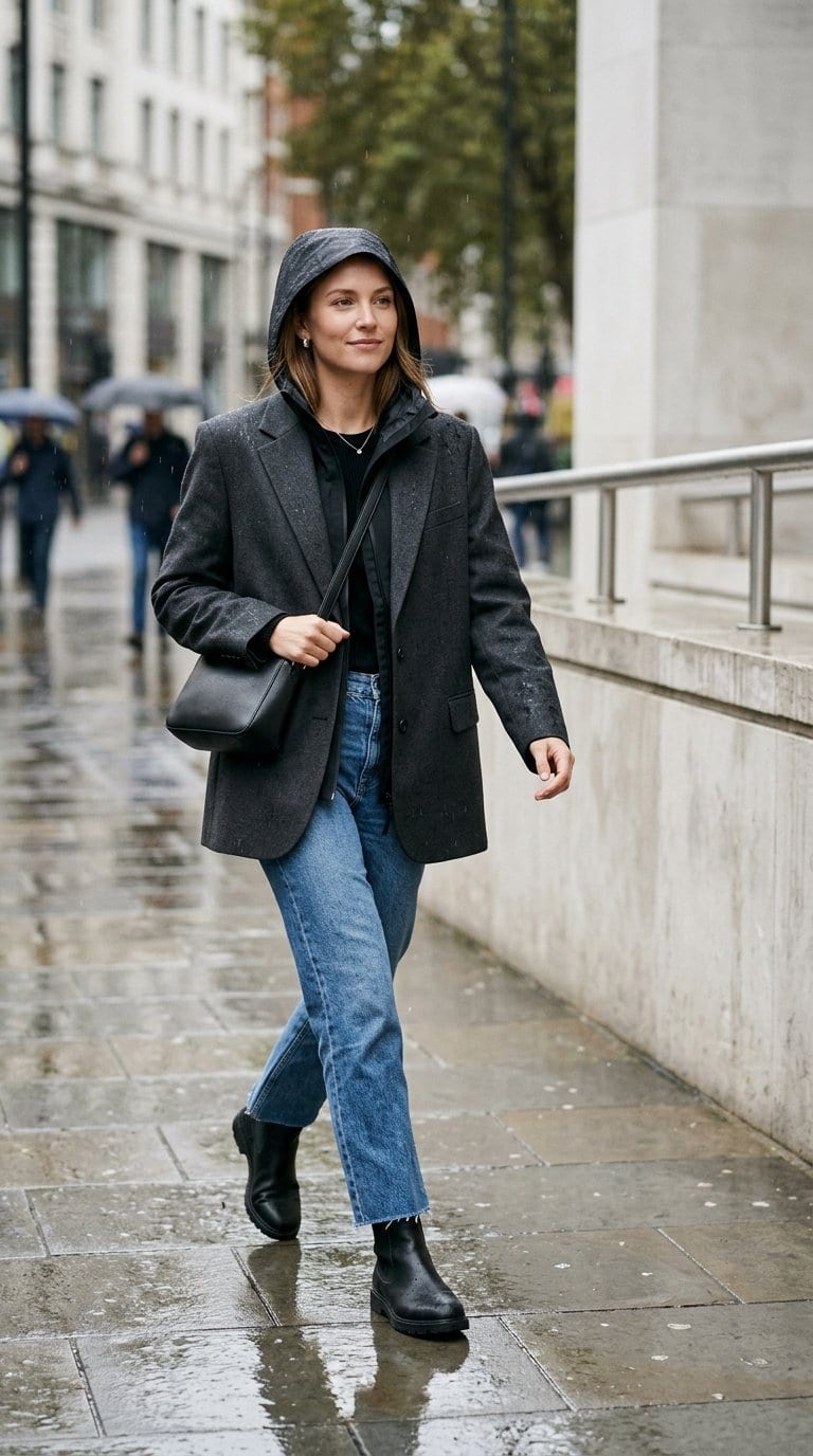 A person wearing an oversized blazer, hooded rain shell, jeans, and ankle boots walks along a wet city sidewalk.