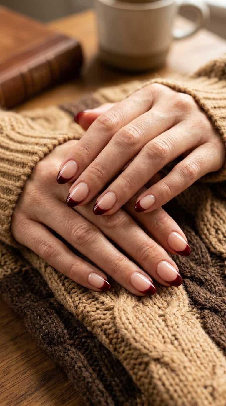 A hand with glossy oxblood French-tip nails resting on a brown knitted sweater.