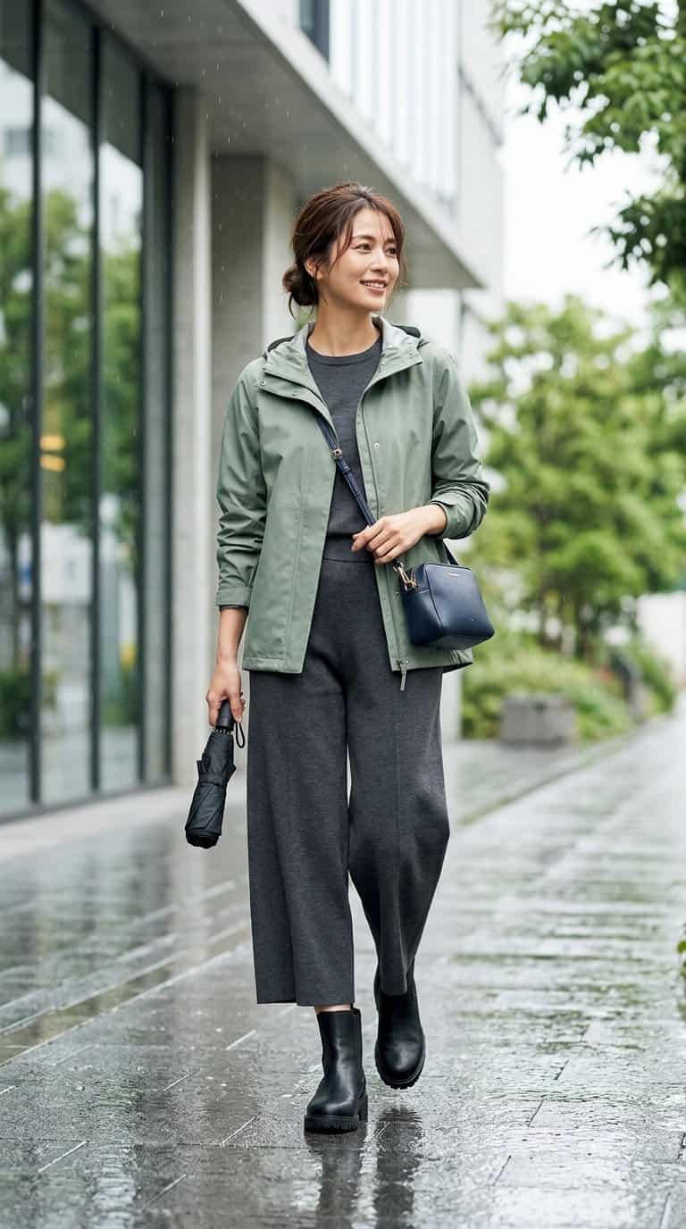 A woman in a lightweight rain jacket and knit culottes walking along a wet city street in the rain.